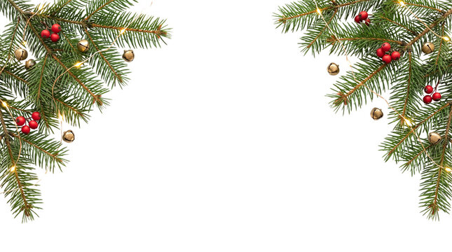 Christmas pine fir branch border with red berries isolated on transparent background png