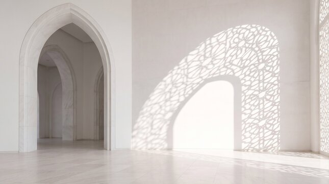 White islamic mosque interior arabesque shadow pattern on wall floor