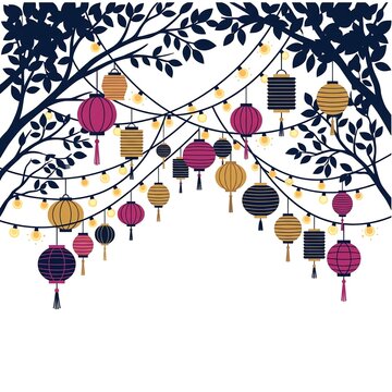 Colorful paper lanterns hanging from tree branches with string lights on a white background with copy space for festive celebrations