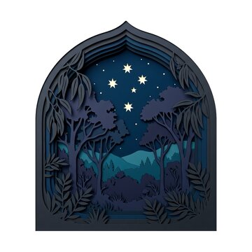 Layered paper cut forest scene with eucalyptus trees and glowing stars inside an arched frame