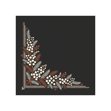 Minimalist corner frame with stylized mimosa flowers and pine branches on a dark background with copy space
