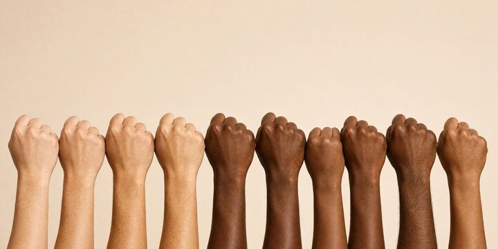 Fila de nueve pu&ntilde;os en alto de diferentes tonos de piel sobre fondo beige, s&iacute;mbolo de unidad, diversidad, igualdad, inclusi&oacute;n y solidaridad entre personas de todas las etnias