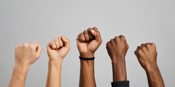 Cinco pu&ntilde;os cerrados levantados de personas de distintos tonos de piel sobre fondo gris, s&iacute;mbolo de lucha, protesta, fuerza, solidaridad, igualdad y justicia social
