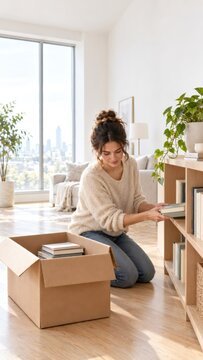 Woman arranging books on a bookshelf beside an open moving box in a bright apartment. Unpacking and organizing a new home. Moving day, relocation and fresh start concept. Home organization.