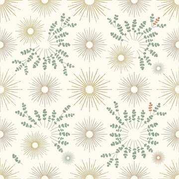 Seamless repeating pattern with golden sunbursts and green eucalyptus branches on a light cream background