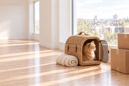 Longhaired cat sitting inside a woven pet carrier in a bright apartment with moving boxes. Cat relocation and travel preparation. Pet care, domestic life and moving home. Copy space