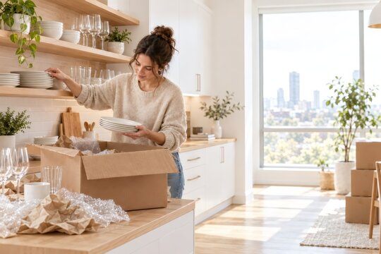 Woman unpacking dishes from cardboard box in bright kitchen. Moving into a new home and organizing household items. Relocation, domestic life, fresh start and home organization concept.