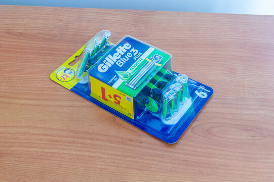 Pruszcz Gdanski, Poland - September 10, 2026: Pack of Gillette Blue 3 Plus Sensitive disposable razor.