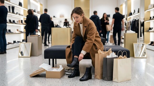 Elegant woman in a sophisticated designer boutique trying on comfortable black leather ankle boots while sitting on a bench surrounded by shopping bags