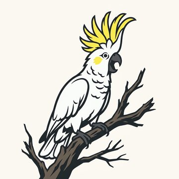 Sulphur crested cockatoo illustration perched on a dark brown tree branch