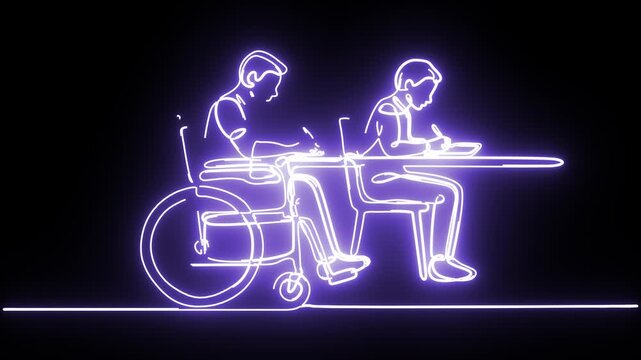 Glowing purple one-line art of inclusive classroom, student in wheelchair and friend studying together, neon continuous line drawing of education