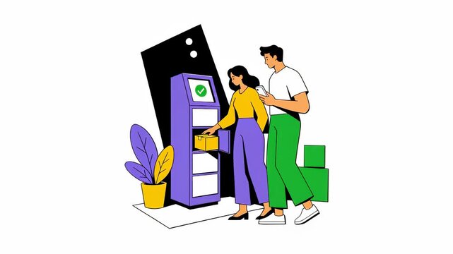 Animated couple collecting a package from a parcel locker