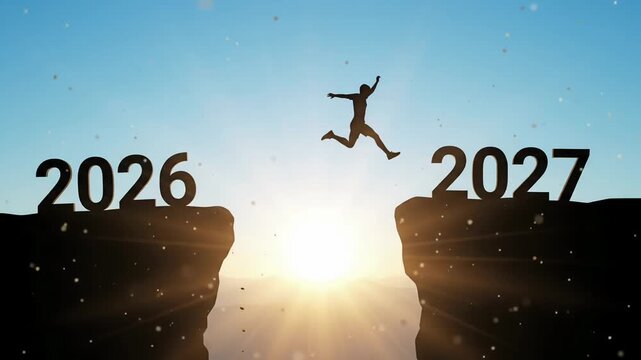 Man Jumping from 2026 to 2027 Cliff at Sunrise, Business Motivation Loop
