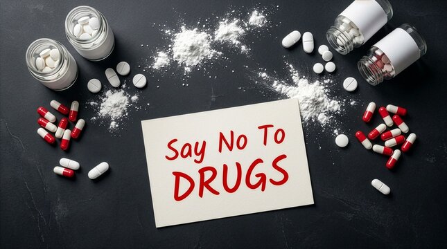 An overhead view of a card with Say No To Drugs text, placed between scattered medical tablets, red capsules, spilled white powder, and plastic pill bottles on a dark textured backdrop