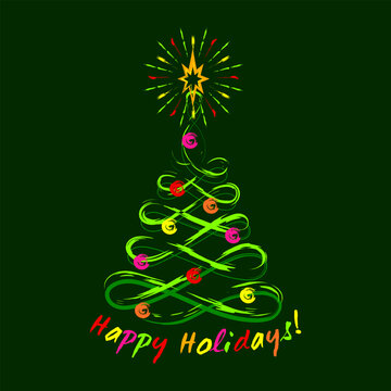 Holiday simple composition with outline lacy Christmas tree, shining star, brush strokes, colorful text. Grunge graffiti like style. Vivid neon colors.