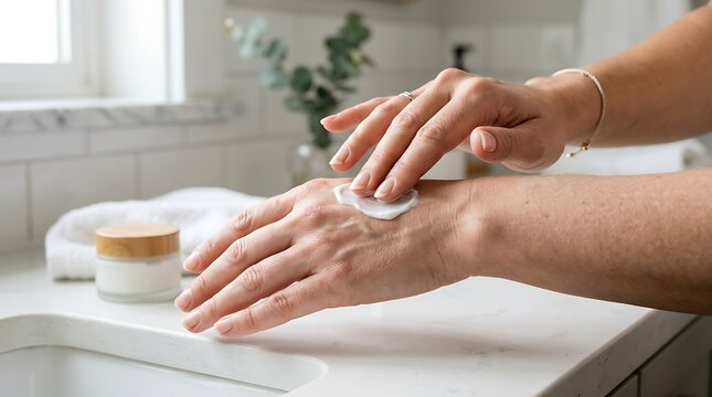 Nourishing hand cream application, skincare lotion routine for dry skin, moisturized hands in bright modern bathroom setting