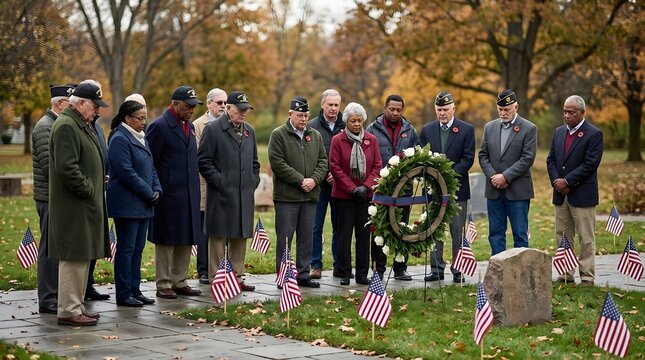 Diverse Group of Veterans Standing in Respectful Silence During an Outdoor Memorial Ceremony at a Cemetery Surrounded by American Flags