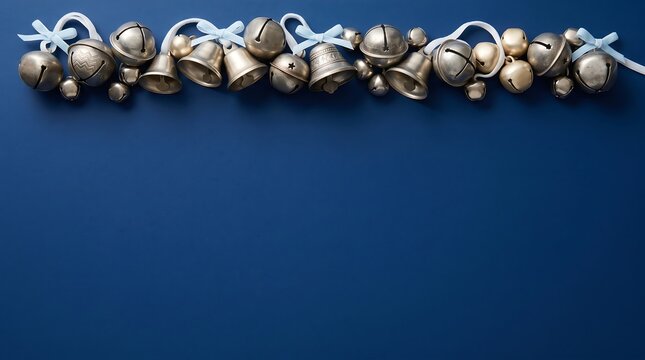 Golden jingle bells string tied with ribbon on dark blue background