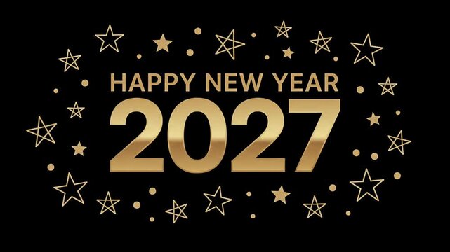 2027 Happy New Year Gold Typography with Shining Stars, Holiday Motion Graphic Background
