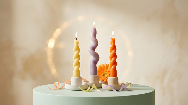 Three colorful spiral birthday candles stand on a pale green cake against a soft neutral background. The close view emphasizes sculptural wax shapes in yellow under gently diffused natural daylight.