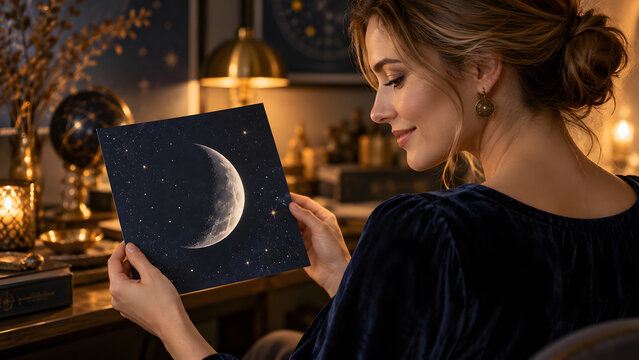 Woman in dark blue clothing holds a greeting card displaying a crescent moon illustration while seated at an evening table, surrounded by warm decorative lights and softly blurred home furnishings.