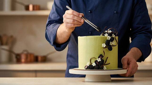 Person decorates a tall pale green birthday cake with dark berries using a small kitchen tool, carefully placing finishing touches on smooth frosting in a softly lit home baking environment.