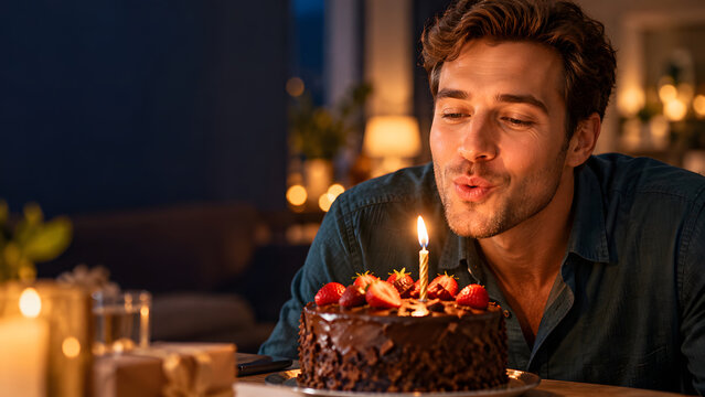 Young man leans toward a chocolate birthday cake topped with berries and a lit candle. Warm background lights illuminate the intimate evening celebration as he blows toward the flame.