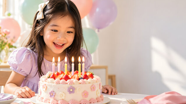 Young girl smiles at a pink birthday cake covered with small floral decorations and lit candles. Bright balloons and soft party accents fill the background while her face remains close to the dessert.