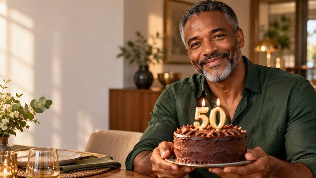 Smiling middle aged man holds a chocolate cake with golden number fifty candles at home. Warm sunlight illuminates his face and the decorated dessert, with delicate colors and soft natural lighting.