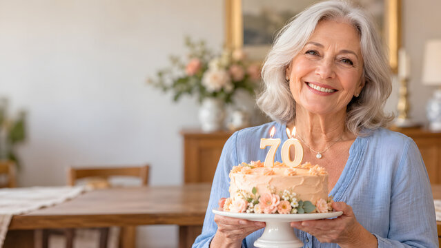 Senior woman with silver hair holds a floral birthday cake topped with golden number seventy candles. She smiles at the camera in a warmly lit home dining room under gently diffused natural daylight.