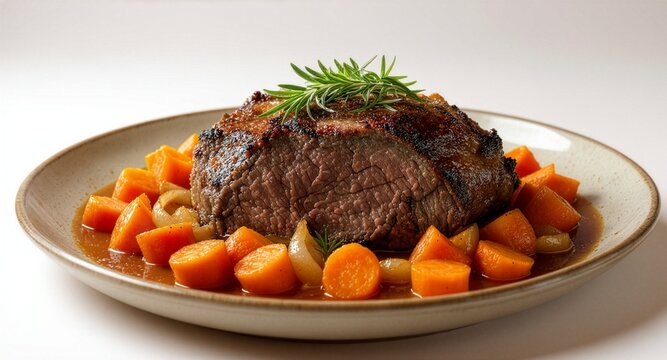A large succulent pot roast beef seasoned with a fresh sprig of rosemary, served on a ceramic plate surrounded by diced carrots and rich savory gravy against a clean white studio background.