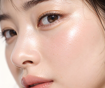 みずみずしい頬の輝きとリアルな肌の質感を捉えた美容写真 澄んだ瞳と自然な唇が引き立つナチュラルメイクのスキンケア広告向け超接写