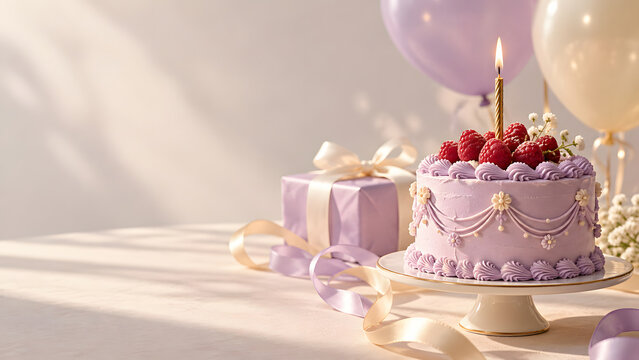 Lavender frosted birthday cake topped with berries and a lit candle stands beside a wrapped gift on a sunlit table, with piped icing, pastel balloons and soft ribbons in the background.