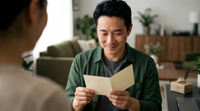 Man smiles while reading a folded birthday greeting card handed to him by another person at home, with an open paper message in his hands, muted furniture and a small wrapped gift in the background.