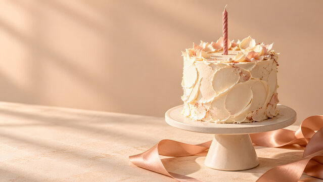 Small ivory frosted birthday cake topped with one slender pink candle stands on a white pedestal. Soft morning light casts diagonal shadows across a neutral table, in an intimate celebration setting.