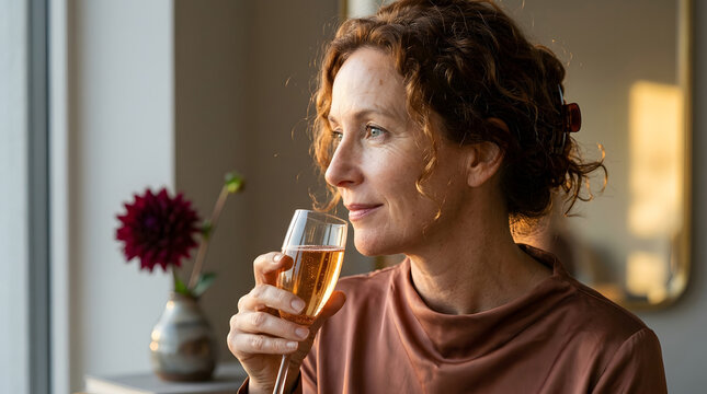 Mature woman in a brown satin blouse raises a glass of sparkling drink beside a window, with a dark red flower and subdued interior details emphasizing a quiet moment during an evening celebration.