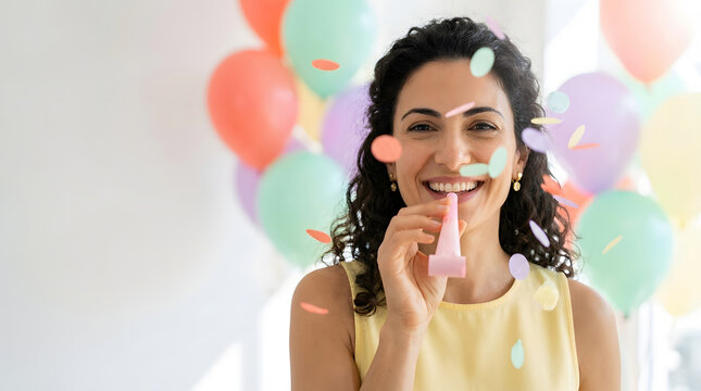 Smiling woman in a pale yellow sleeveless top blows a pink party horn as confetti floats. Bright pastel balloons fill the sunlit background, with delicate colors and soft natural lighting.