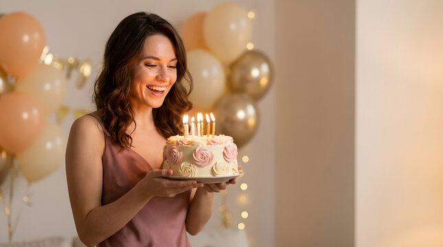 Woman wearing a rose satin dress holds a small flower decorated cake with several lit candles. Pale balloons and warm string lights soften the indoor background, in an intimate celebration setting.