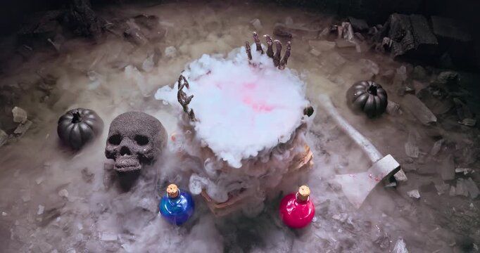 Eerie alchemy setup with smoking cauldron and magic potions.