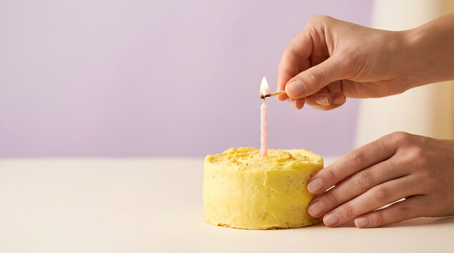 Hands carefully light a single pink candle on a small yellow frosted birthday cake. Against a pale pink and cream background and soft details of the surrounding celebration setting.