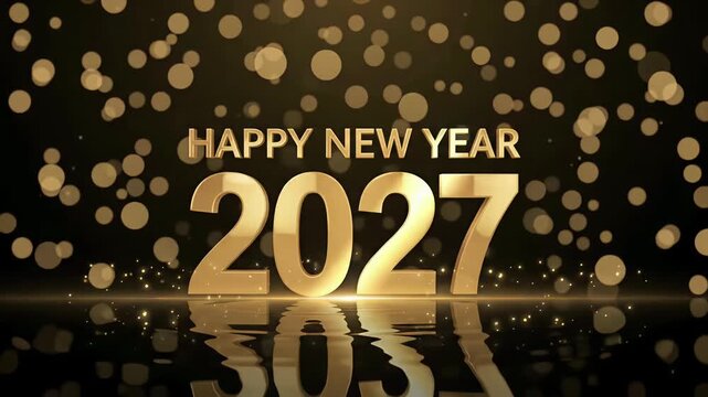 2027 Happy New Year Gold 3D Typography with Bokeh Lights, Celebration Render Loop
