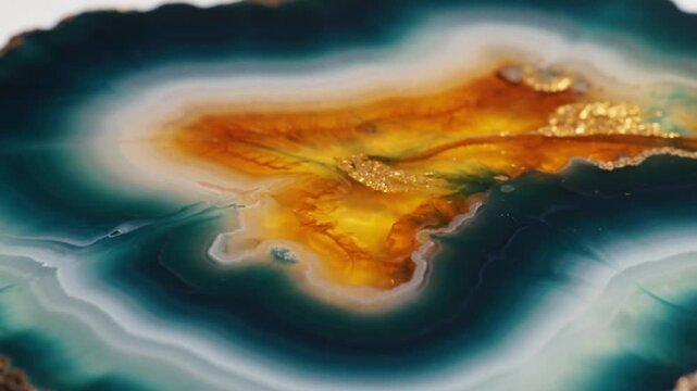 Macro view of a polished blue and gold agate slice showing beautiful natural concentric bands and crystalline textures
