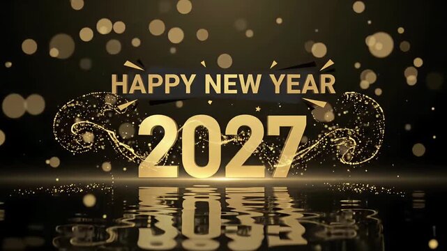 2027 Happy New Year Gold Typography with Water Reflection and Bokeh, 3D Render Loop
