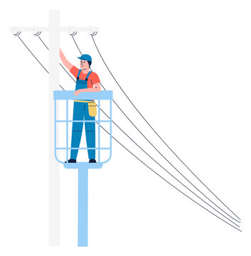 Electric pole maintenance. Worker repair power wires