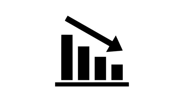 Declining Bar Graph Icon with Downward Arrow, Financial Data Vector