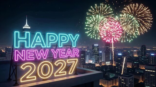 Happy New Year 2027 Neon Sign Rooftop Fireworks City Skyline Motion Graphic Background
