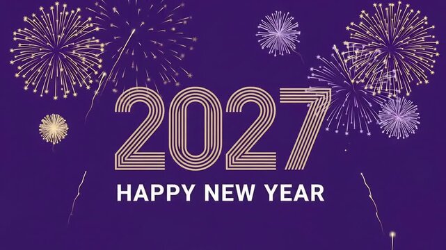 Happy New Year 2027 Fireworks Purple Motion Graphic Background Seamless Loop
