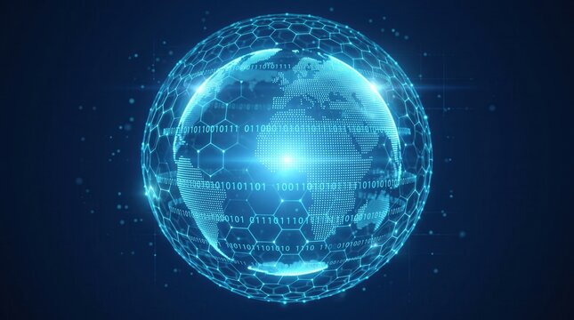 Digital 3D planet earth globe with glowing binary code and hexagon grid capturing global connectivity, cyber security, and big data transfer for information technology marketing.