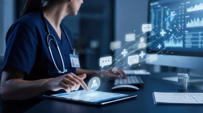 Female nurse using tablet and computer with digital medical interface and holographic icons, capturing digital connectivity in modern healthcare for telemedicine and health informatics marketing.