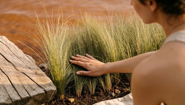 Kneeling woman wearing light tank top touching ornamental grass at pond edge, copy space